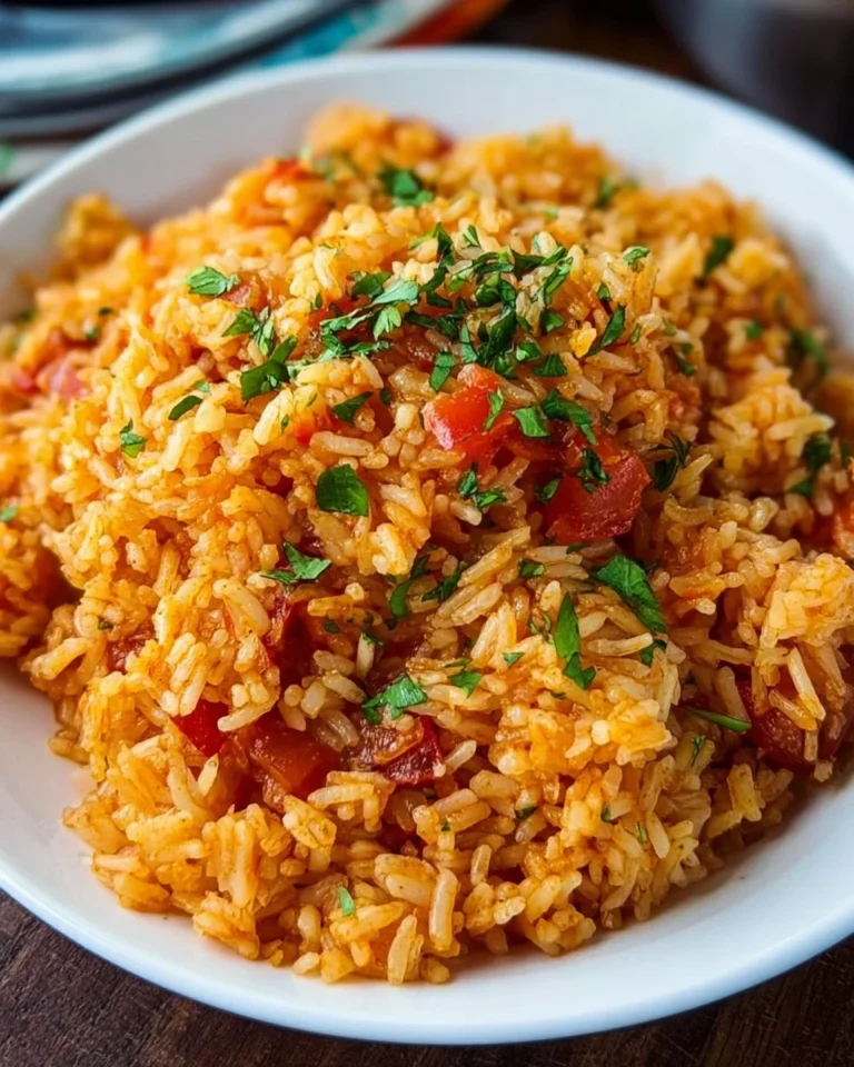 Bowl of homemade Spanish rice garnished with vegetables and herbs