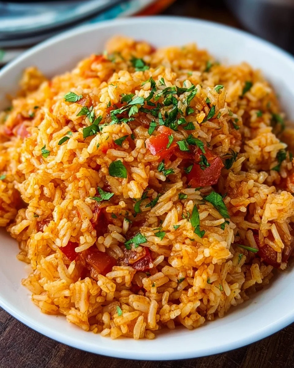 Bowl of homemade Spanish rice garnished with vegetables and herbs