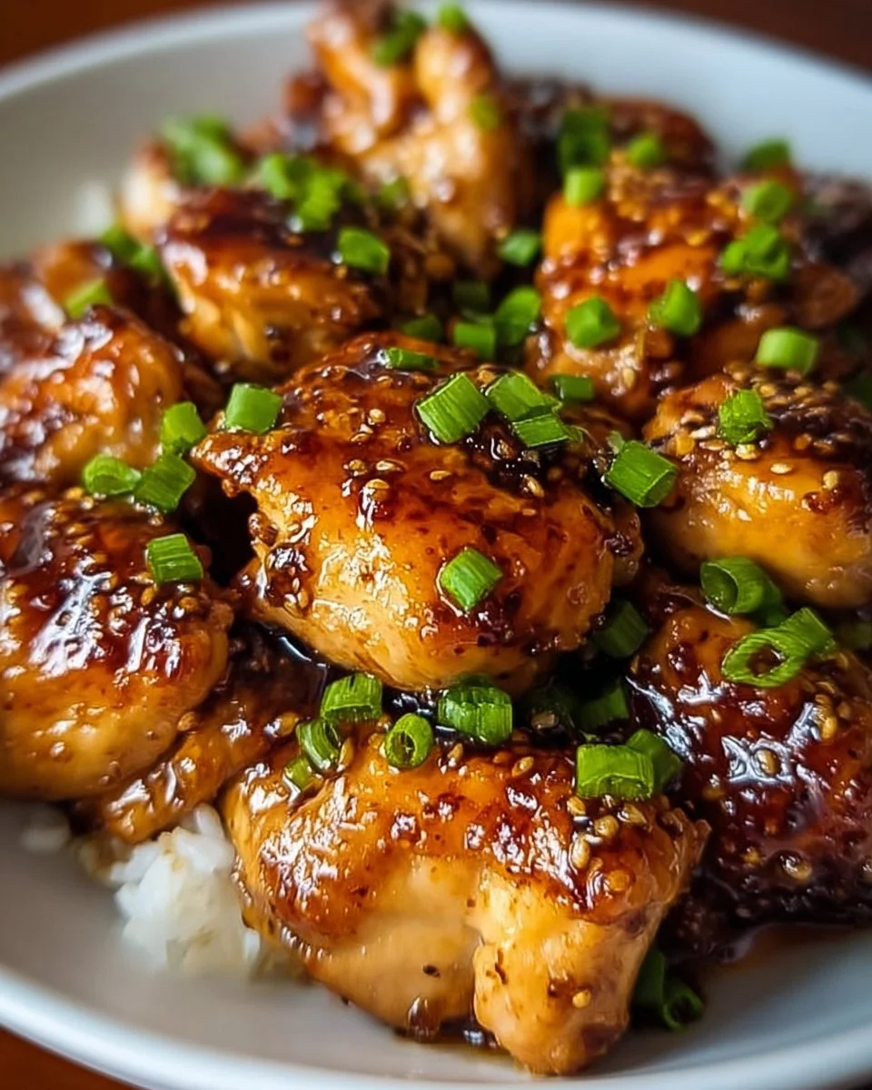 Delicious homemade Honey Garlic Chicken served on a plate with garnish.