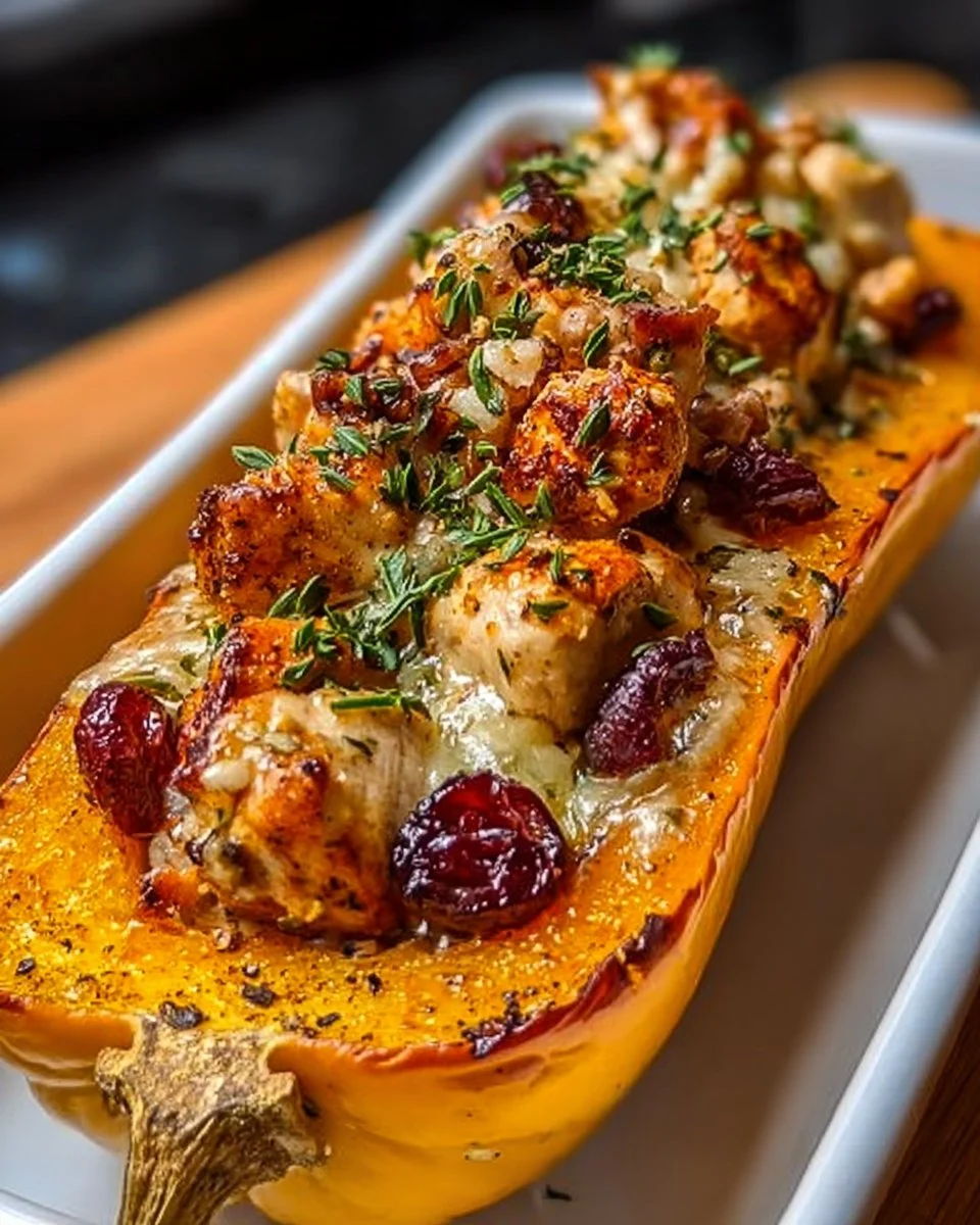 Honey roasted butternut squash stuffed with chicken on a plate