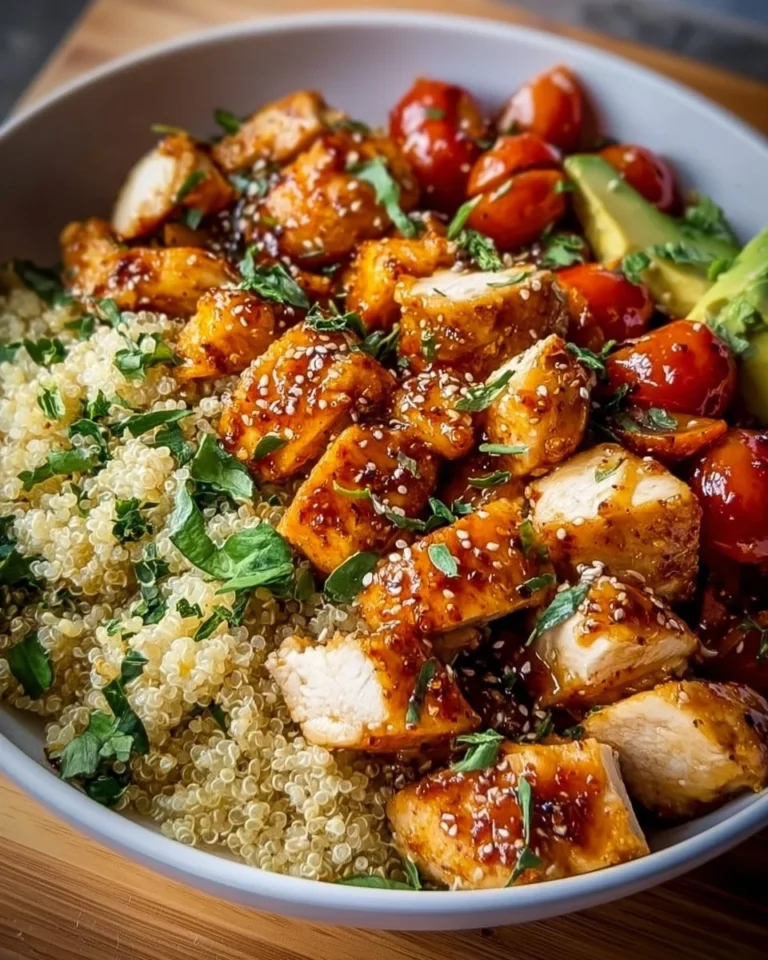 Hot Honey Chicken Quinoa Bowl with colorful vegetables and honey glaze