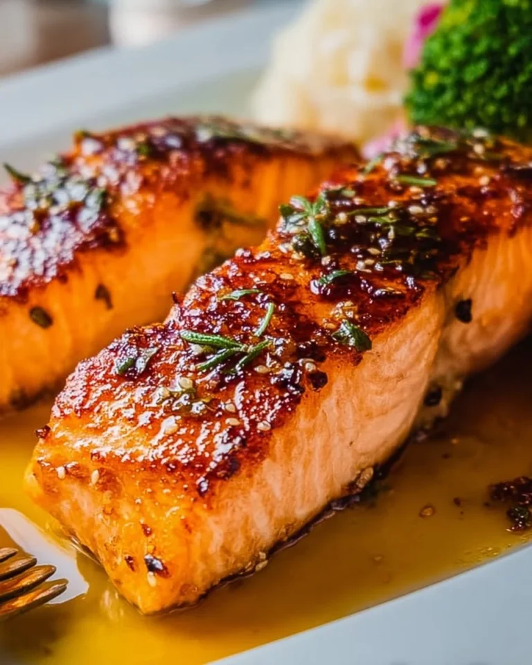 Delicious hot honey salmon served on a plate with garnish.