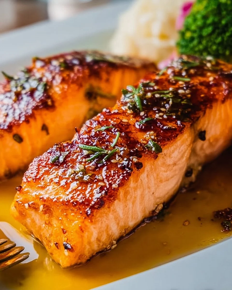 Delicious hot honey salmon served on a plate with garnish.