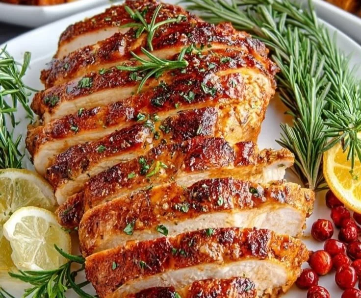Juicy baked turkey breast served with herbs and spices, showcasing a delicious meal.