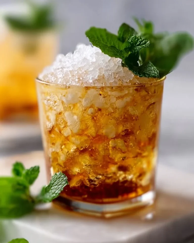 Large batch mint julep pitcher with fresh mint and ice cubes