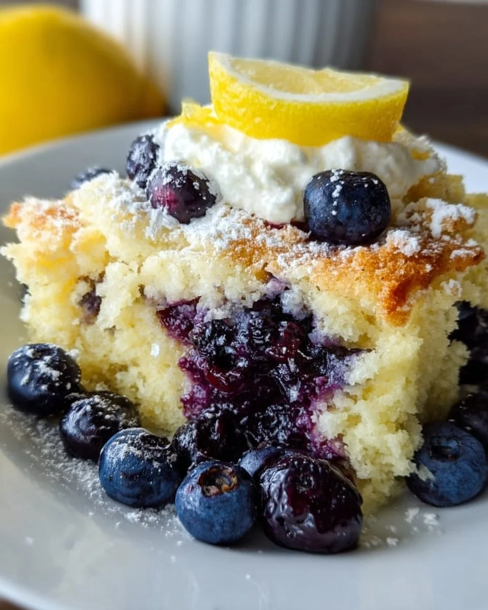 Lemon Blueberry Cheesecake Dump Cake with fresh blueberries and lemon zest