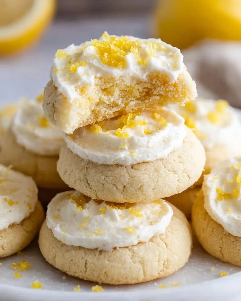 Plate of lemon cheesecake cookies with a lemon wedge garnish