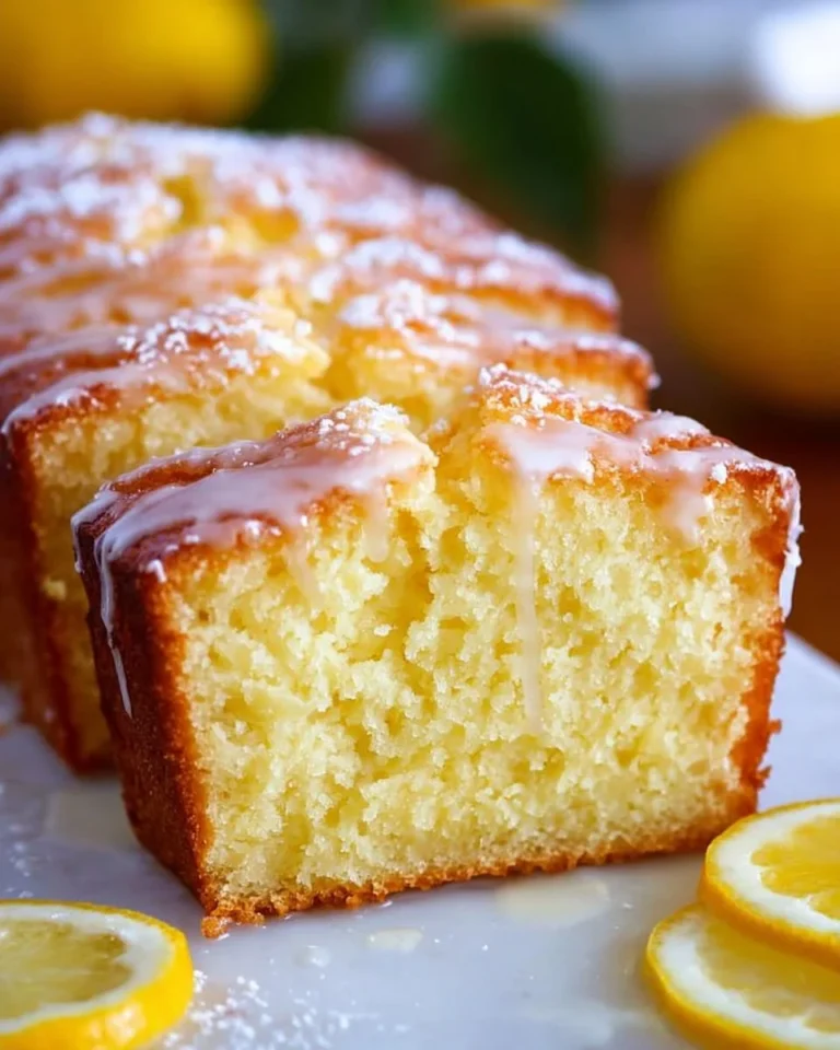 Slice of homemade lemon loaf on a plate with lemon slices and fresh herbs