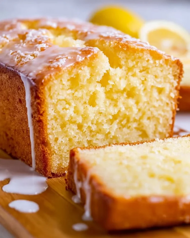 Deliciously baked lemon loaf with a fresh lemon glaze on a wooden table