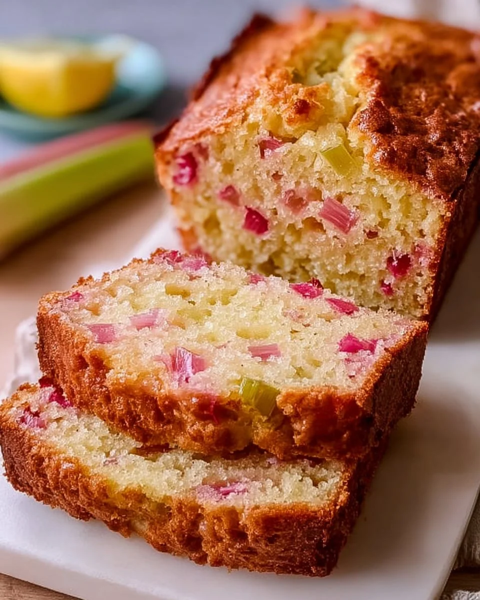 Slice of homemade lemon rhubarb bread with lemon zest on a plate