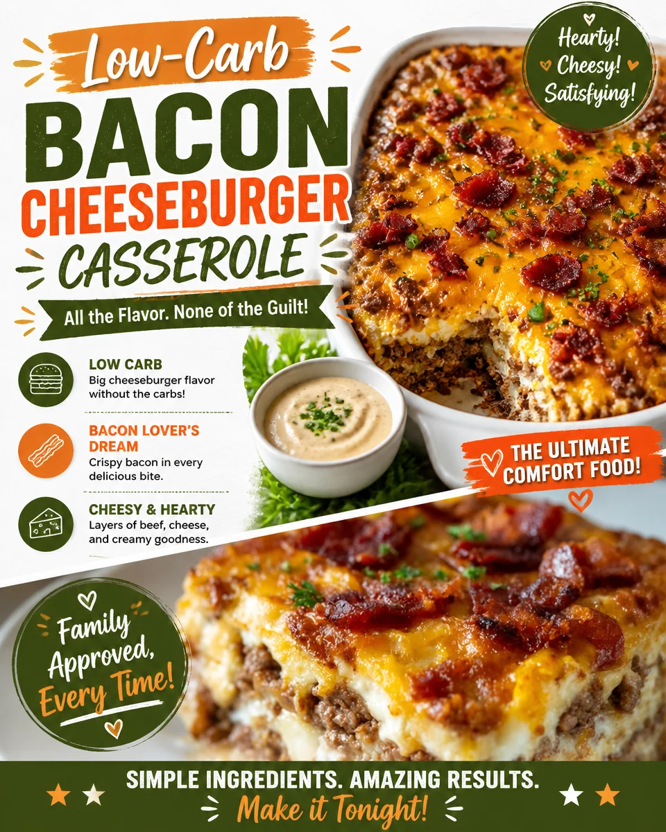 Delicious low-carb bacon cheeseburger casserole served in a baking dish