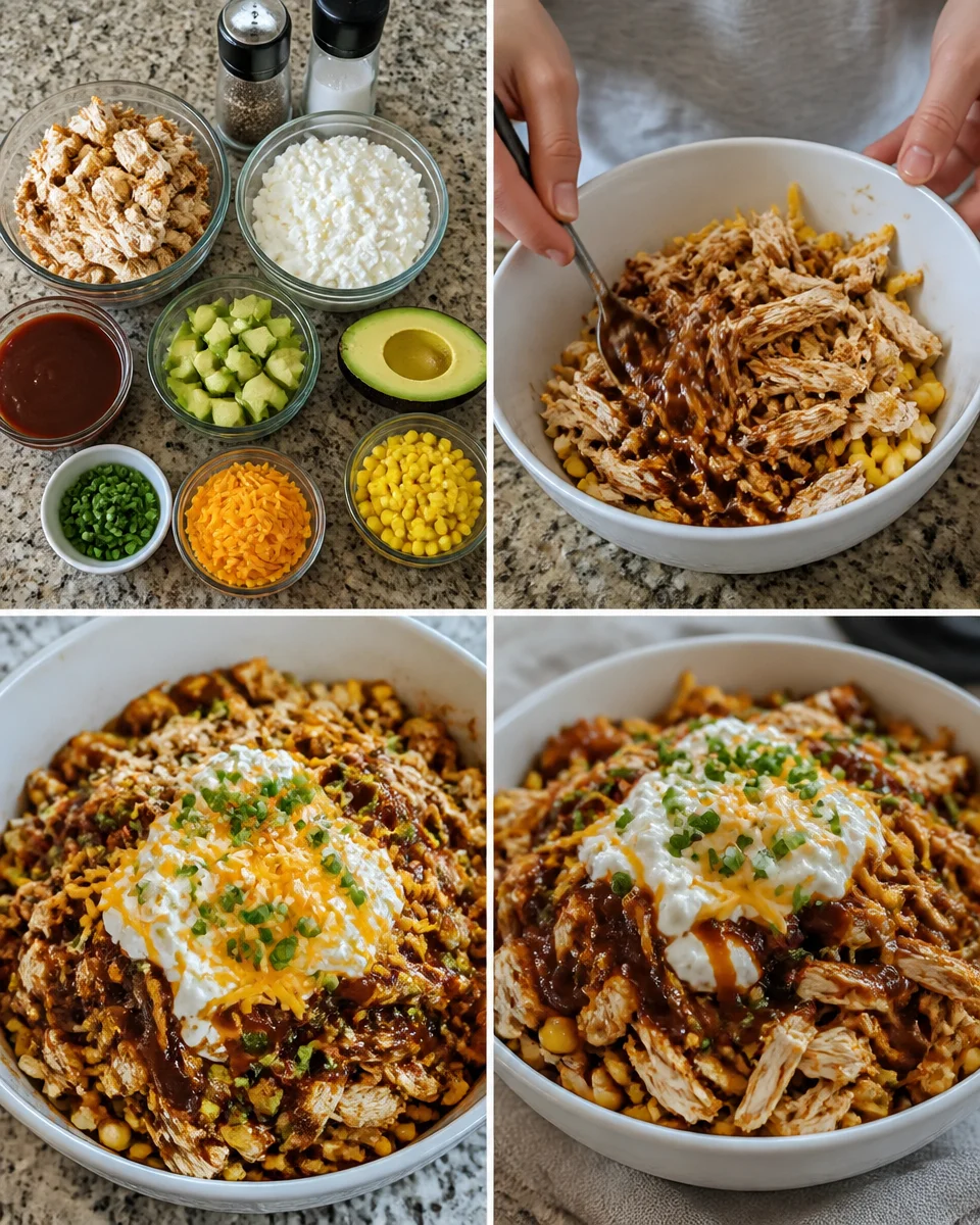 Macro-friendly BBQ Ranch Chicken Bowl with grilled chicken, veggies, and BBQ sauce