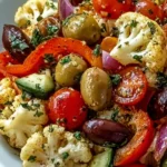 Marinated cauliflower salad with fresh vegetables and herbs