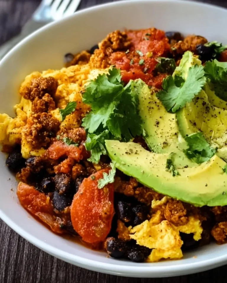 Delicious Mexican Breakfast Bowl with eggs, beans, and fresh vegetables