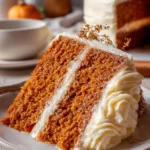 Moist spice cake with cream cheese frosting on a decorative plate