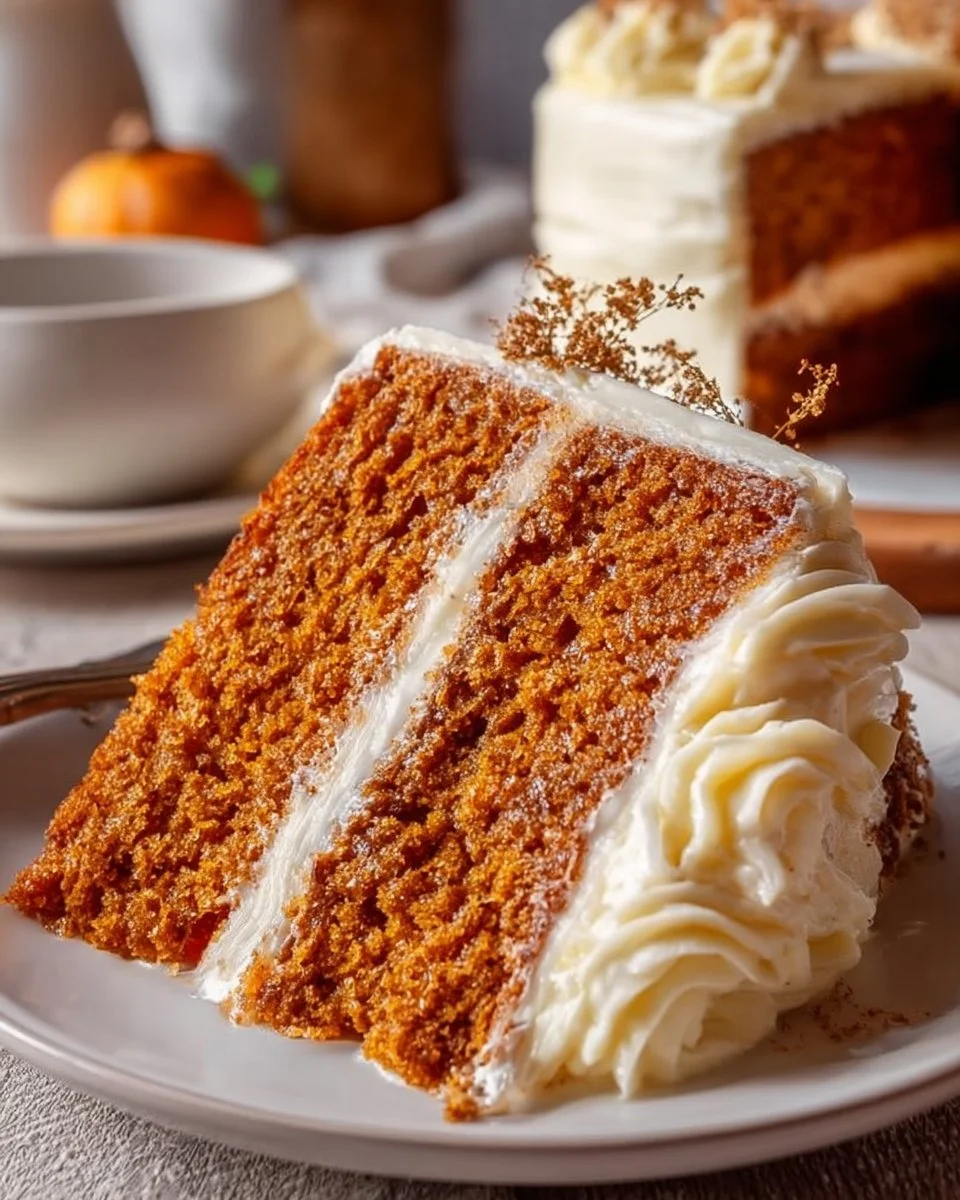Moist spice cake with cream cheese frosting on a decorative plate