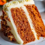Moist spice cake layered with cream cheese frosting on a rustic cake stand