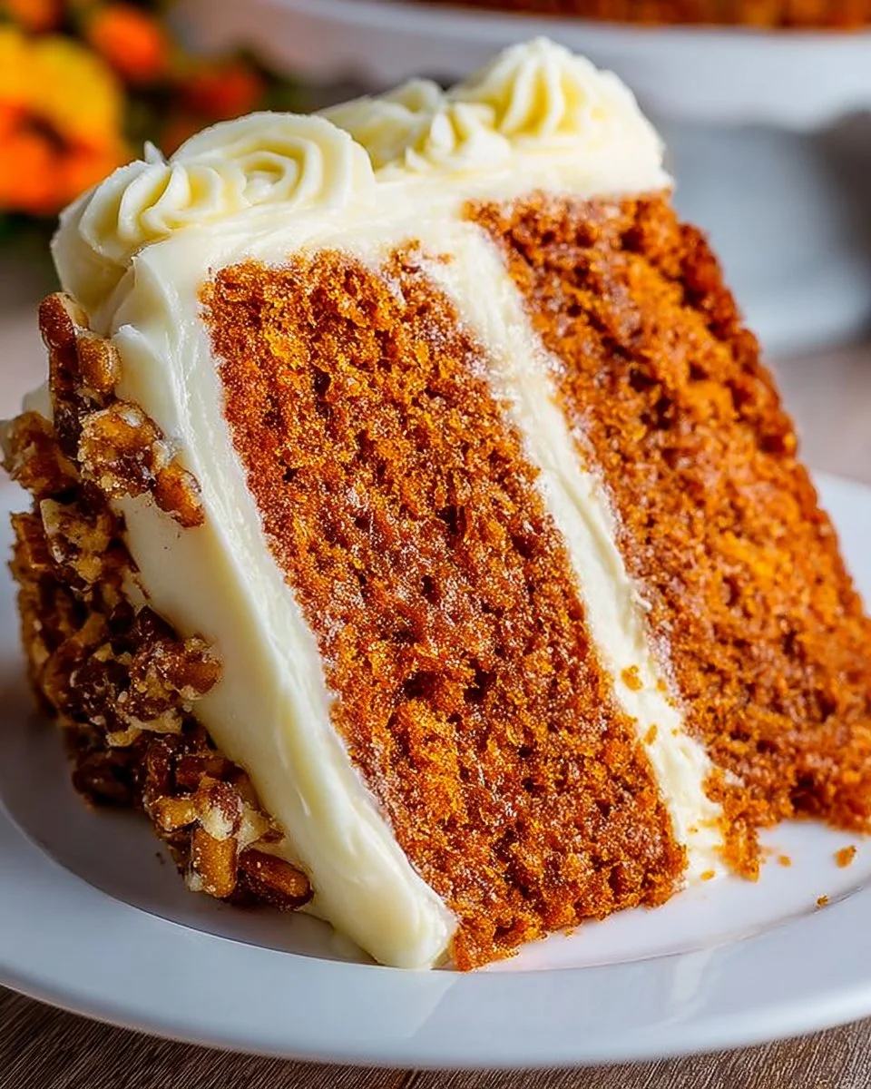 Moist spice cake layered with cream cheese frosting on a rustic cake stand