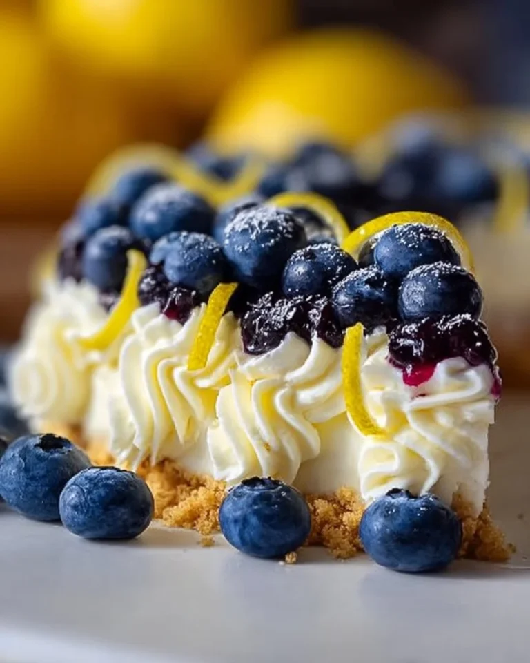 No-Bake Lemon Dazzling Blueberry Cream Cake with fresh blueberries and lemon zest.