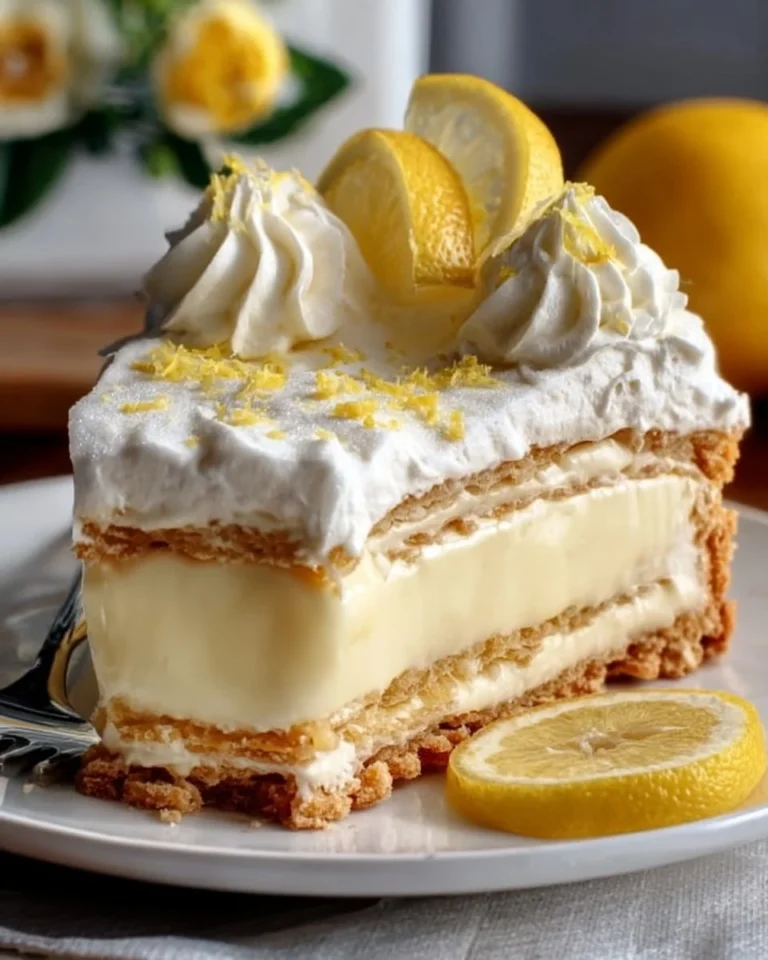 A slice of no-bake lemon éclair cake topped with creamy lemon frosting and zest.
