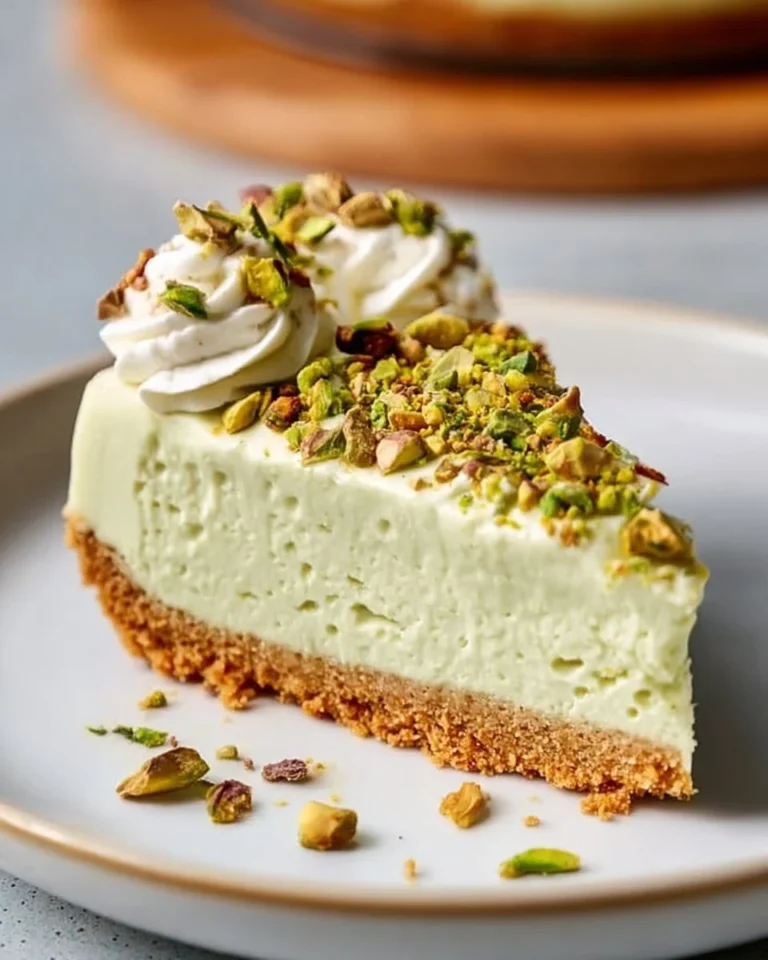 Delicious no-bake pistachio cheesecake topped with crushed pistachios