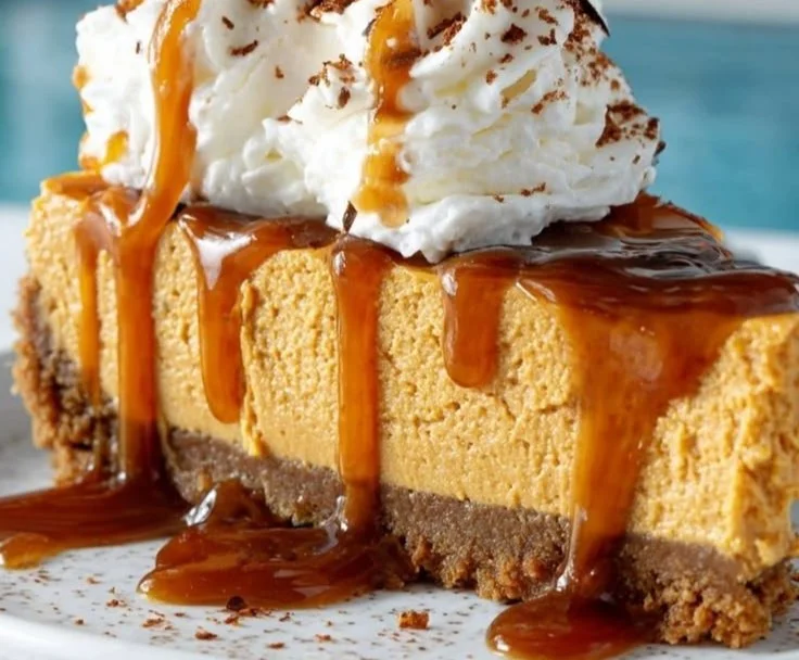 No Bake Pumpkin Cheesecake topped with whipped cream and spices