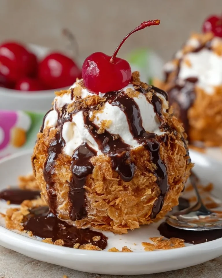 Delicious no-fry fried ice cream served with toppings.