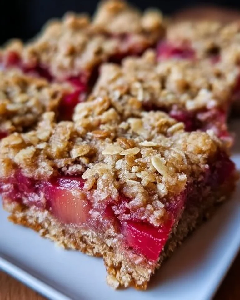 Oatmeal rhubarb bars baked to perfection, featuring oats and fresh rhubarb.