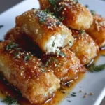 Oven-fried feta rolls with sweet chili honey on a white plate