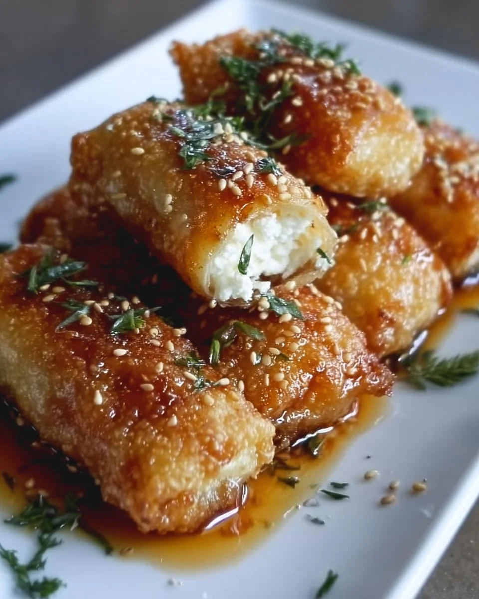 Oven-fried feta rolls with sweet chili honey on a white plate