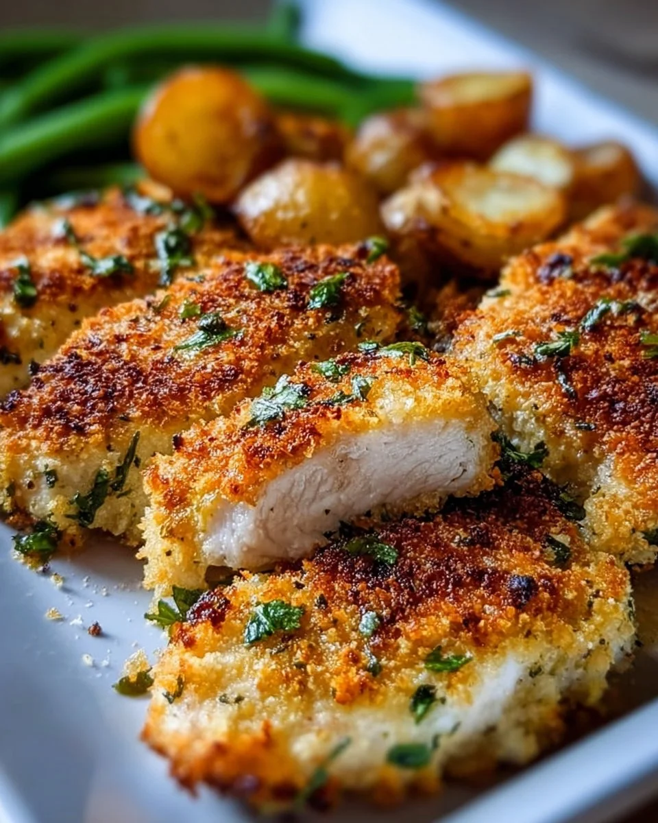 Delicious Parmesan Crusted Chicken garnished with herbs on a plate