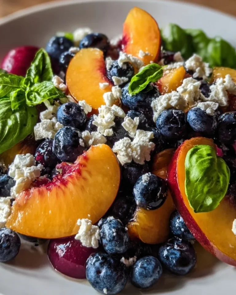 A colorful Peach and Blueberry Salad served in a bowl with fresh fruits.