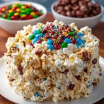 Delicious homemade popcorn cake topped with colorful sprinkles