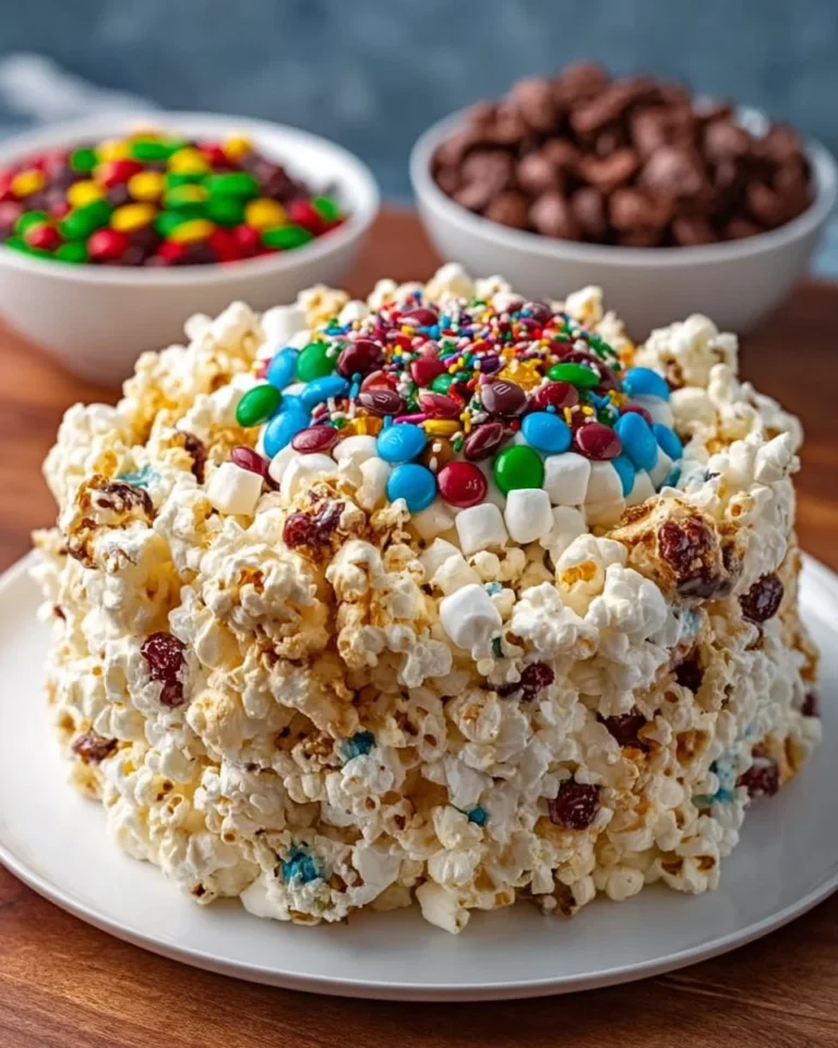 Delicious homemade popcorn cake topped with colorful sprinkles