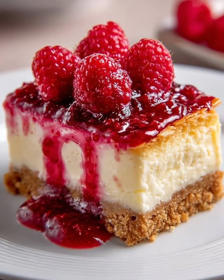 Delicious homemade raspberry cheesecake topped with fresh raspberries