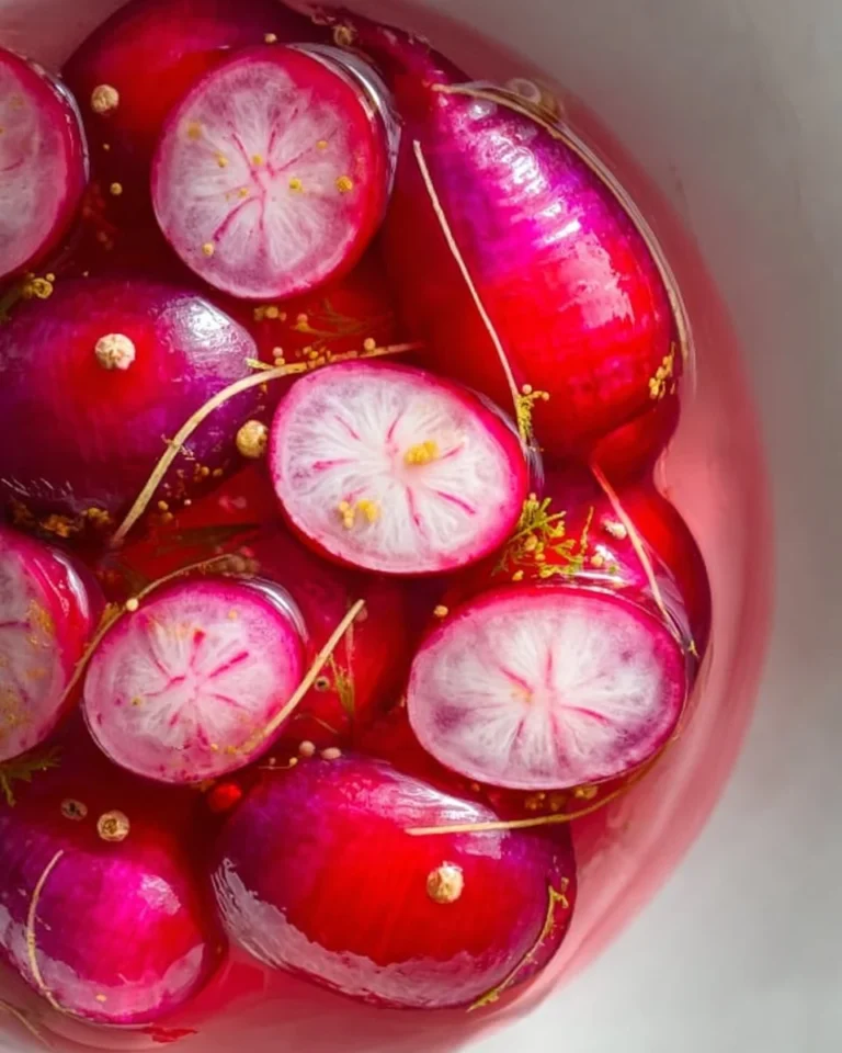 Red pickled radishes in a jar, a colorful and tangy condiment for various dishes.
