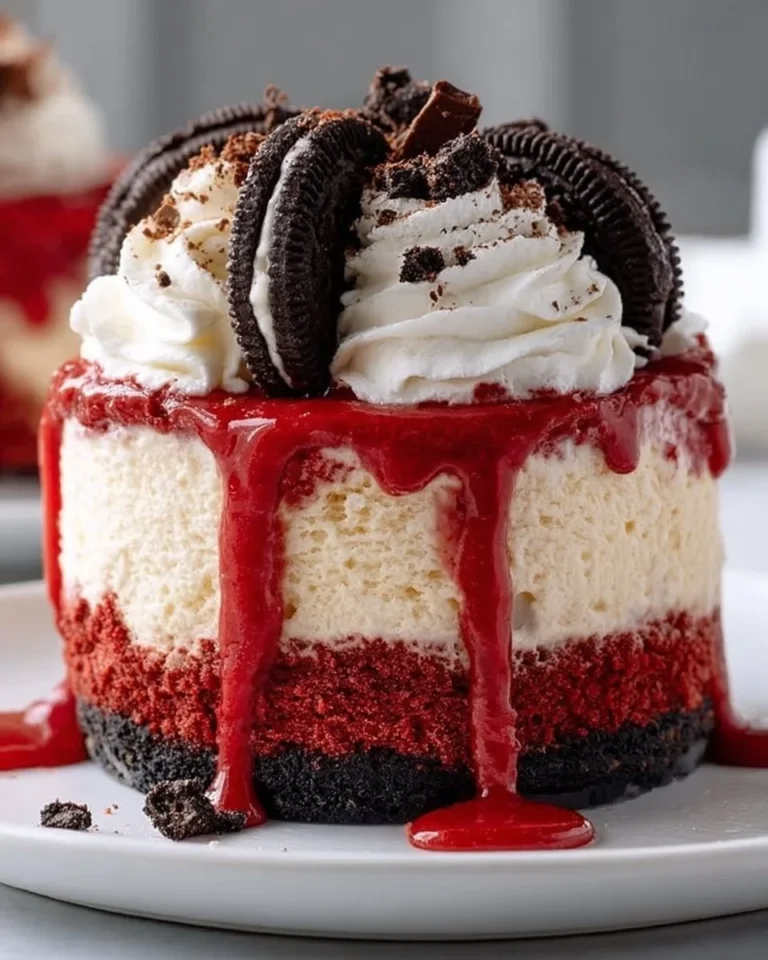 Delicious Red Velvet Oreo Cheesecake with creamy layers and Oreo toppings.