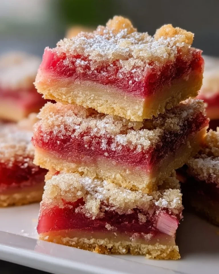 Delicious rhubarb shortbread bars served on a plate.