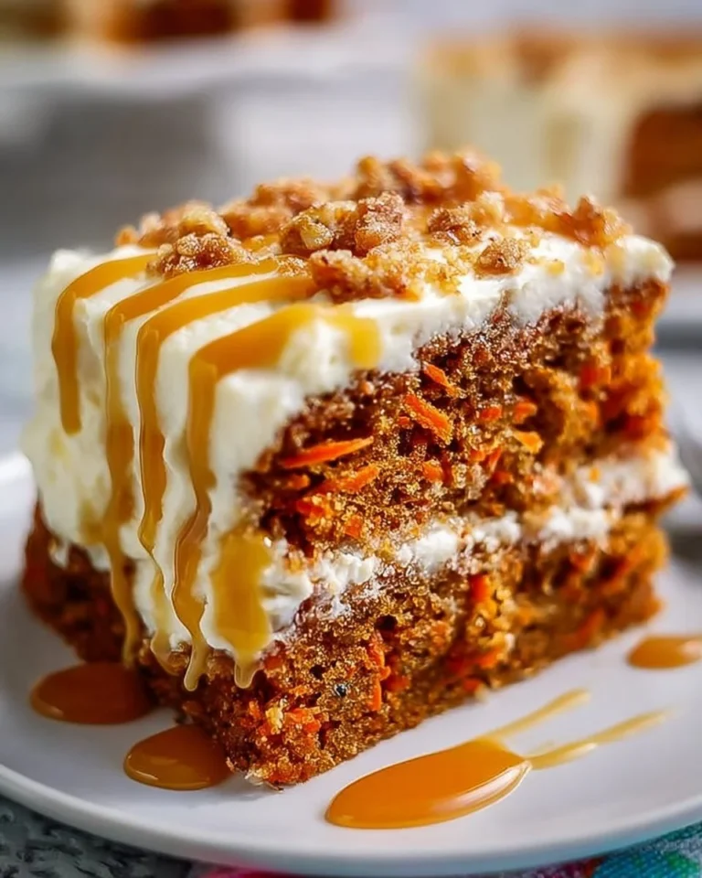 Salted caramel carrot cake slice with cream cheese frosting on a plate