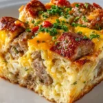 Delicious Sausage Breakfast Casserole served in a baking dish with herbs
