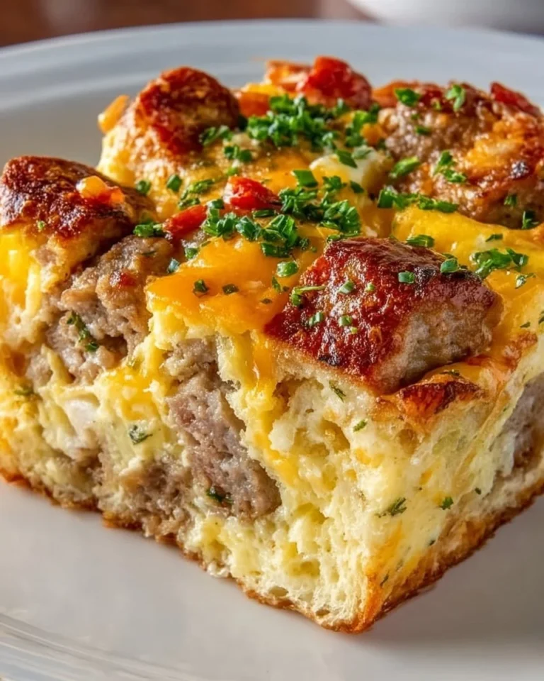 Delicious Sausage Breakfast Casserole served in a baking dish with herbs