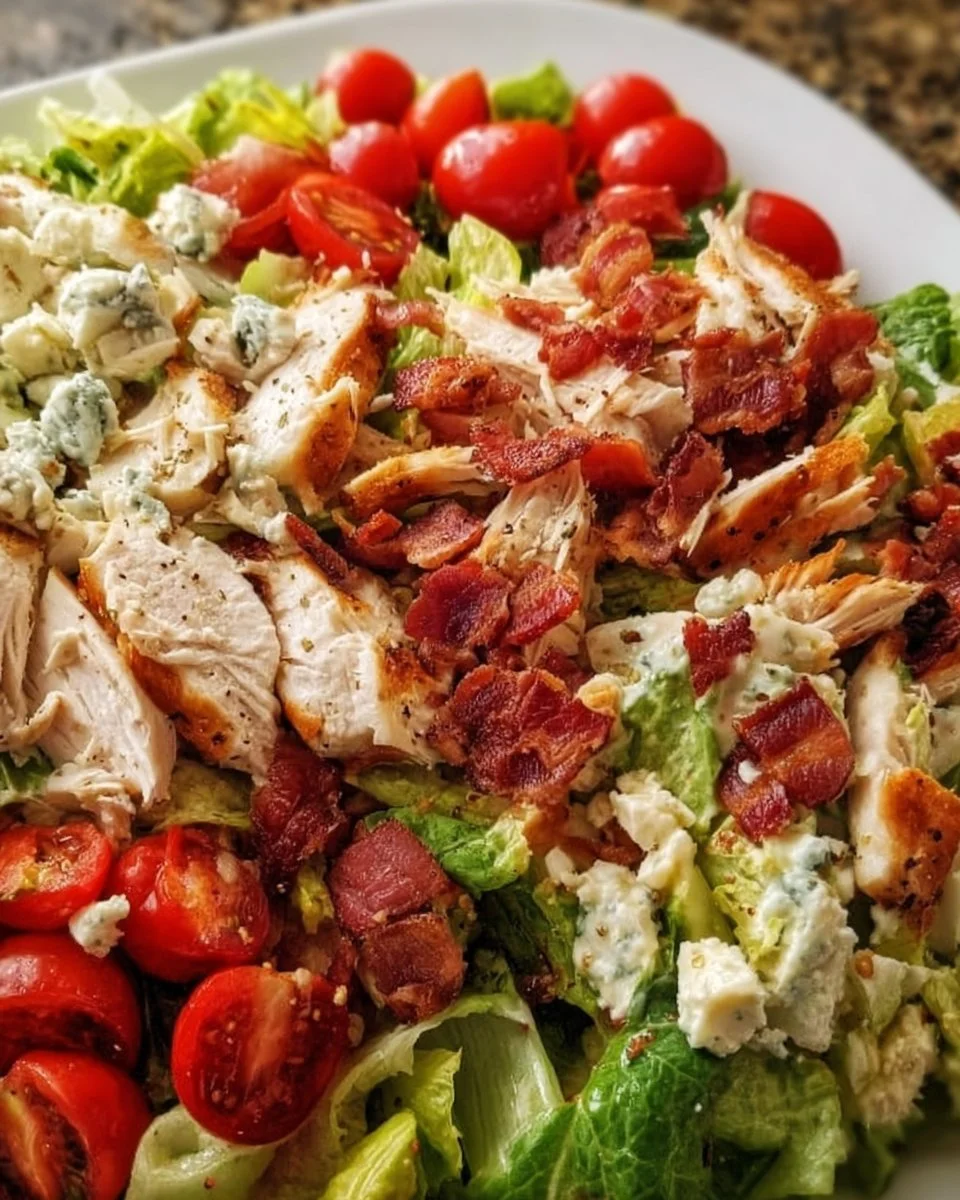 Savory BLT chicken salad featuring lettuce, tomatoes, bacon, and grilled chicken.