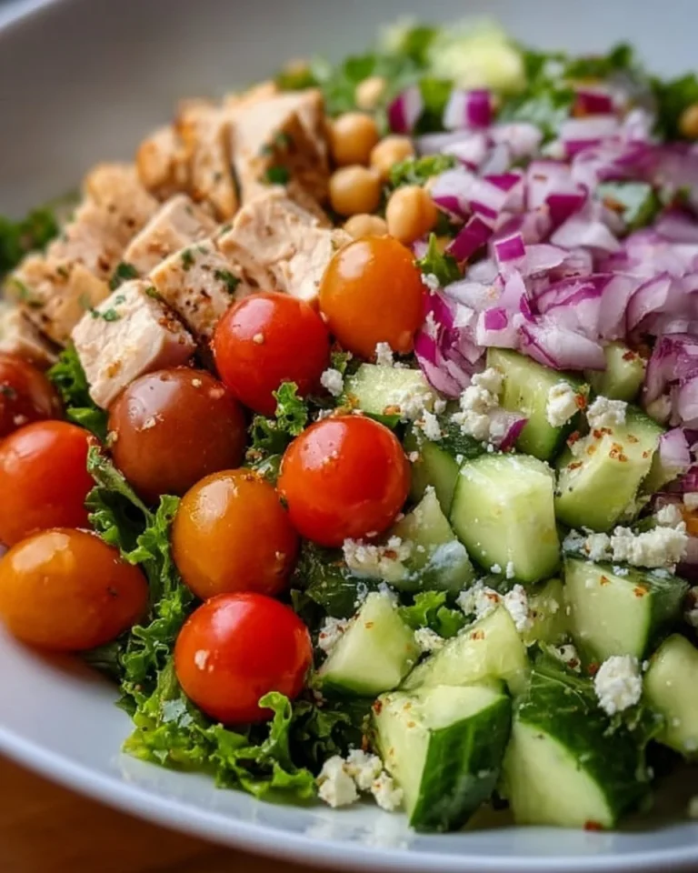 Savory chicken salad with fresh ingredients and vibrant colors served in a bowl.