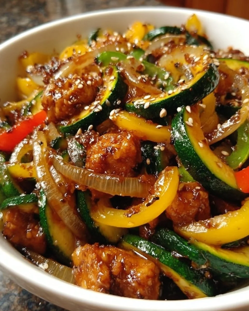Delicious savory crunchy stir fry with colorful vegetables and proteins