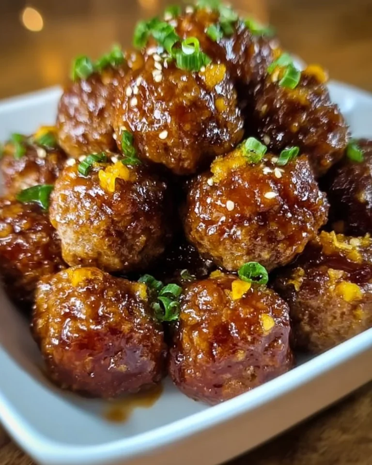 Savory honey garlic meatballs served in a bowl with garnish