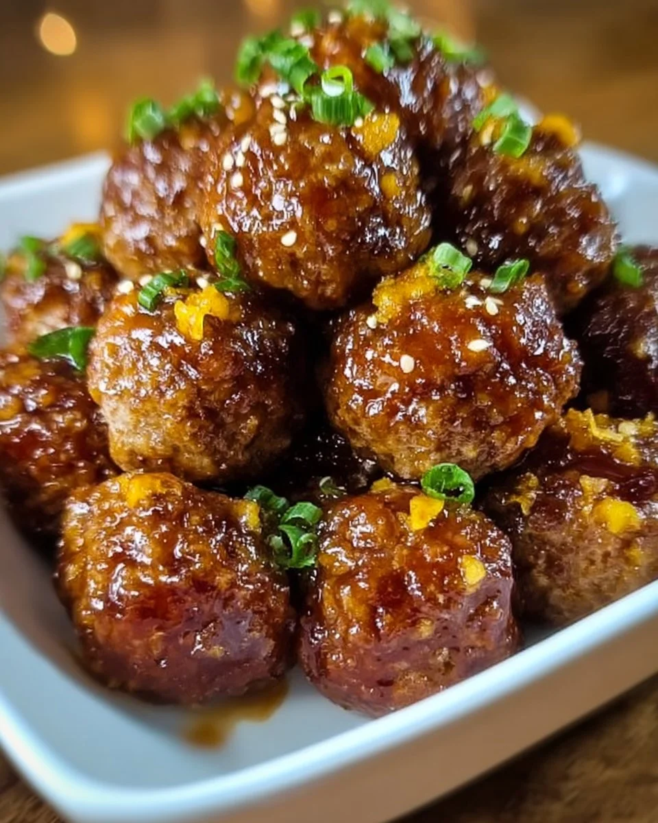 Savory honey garlic meatballs served in a bowl with garnish