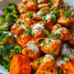 Sheet Pan Buffalo Chicken Bowls with vibrant veggies and creamy dressing