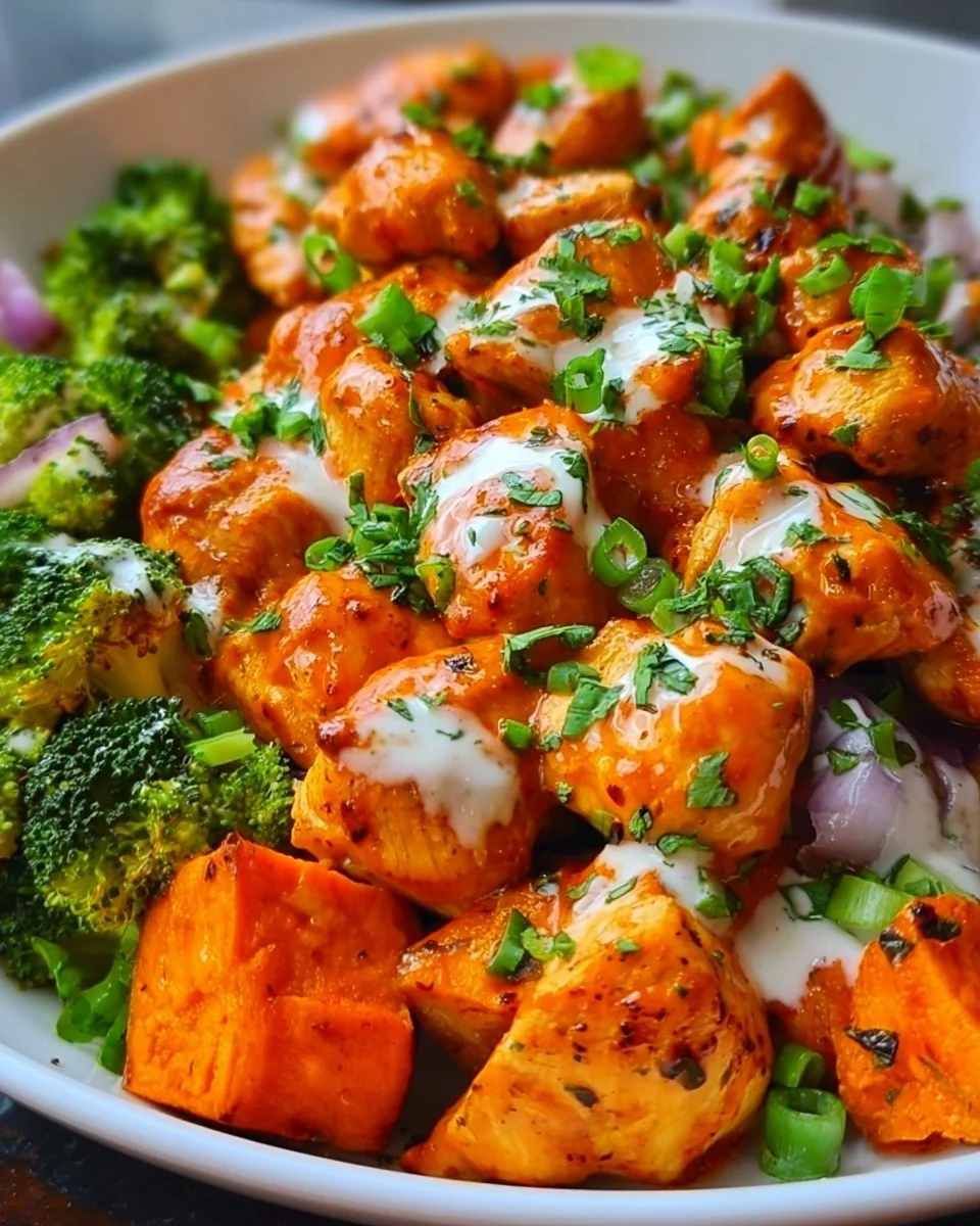 Sheet Pan Buffalo Chicken Bowls with vibrant veggies and creamy dressing