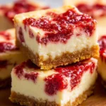 Soft strawberry cheesecake bars garnished with fresh strawberries on a white plate