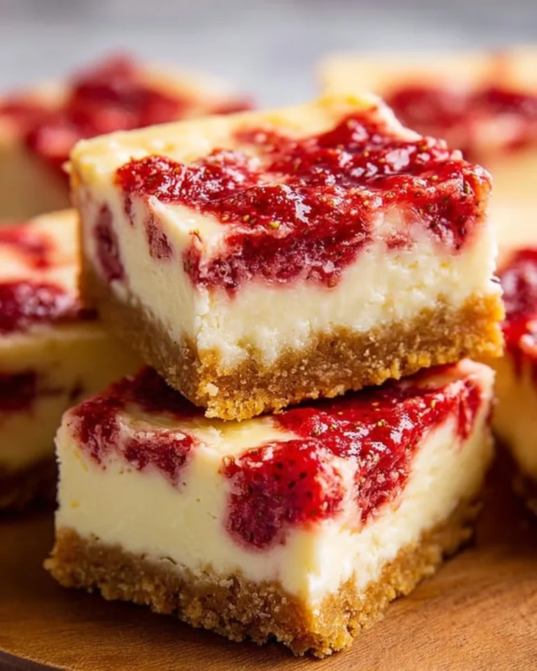 Soft strawberry cheesecake bars garnished with fresh strawberries on a white plate